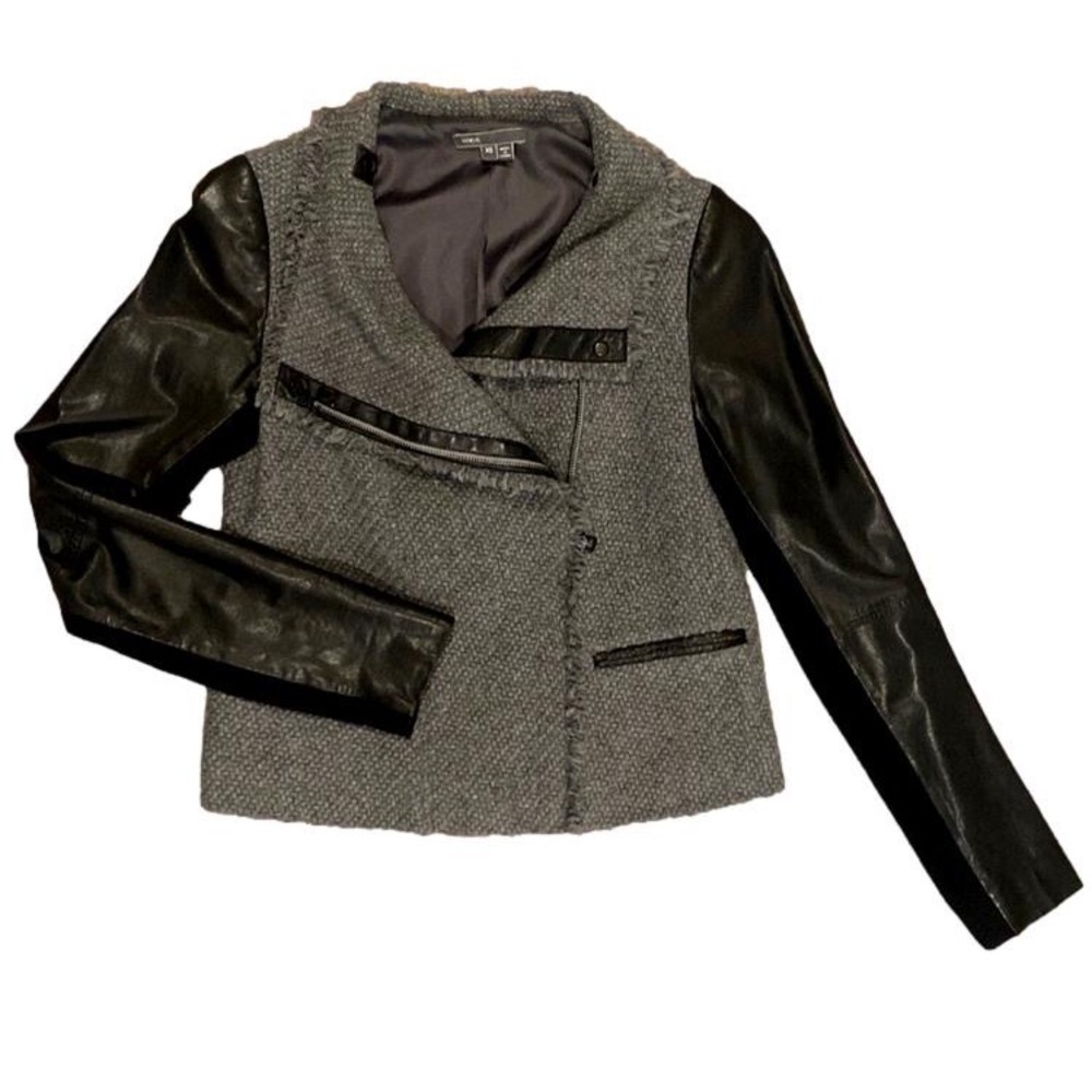 Vince jacket leather and wool gray and black size extra small